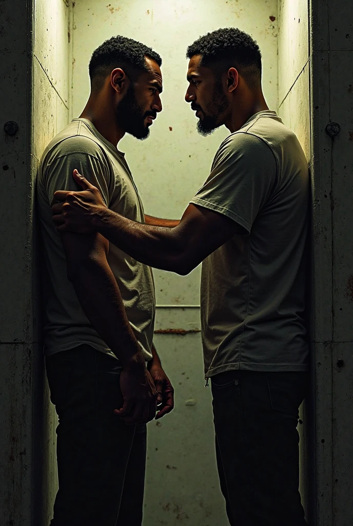 A Male prisoner and his cellmate likes each other wearing Orange prison uniform with white long sleeve inside the shirt