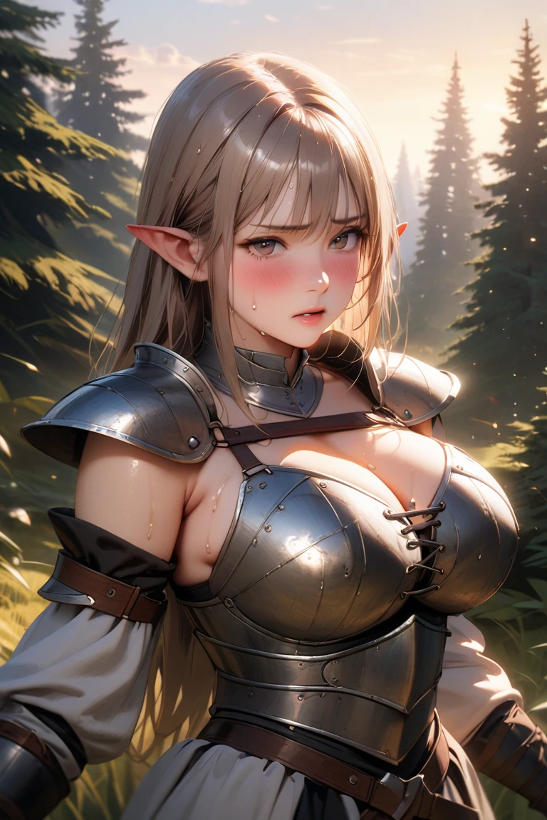 from below, full body, fisheye lens, golem focus, close-up, (depth of field:1.3), (golem, Monster:1.5), (giant golem:1.4), (24yo beautiful 1girl), curvy, (waist-cape armor:1.5), lying back, (girl is lying back on the giant golem:1.5), (spread legs), (rock penis), (sex), Restraints on the chest, (stomach), open eyes, open mouth, (crying with eyes open, tearful:1.4), looking afar, (pubic hair:1.3), (cum:1.5), sweat, orgasm, middle hair, blonde hair, low twintails, messy hair, sidelock, (steam:1.4), in the dark forest, Insect ground, shadow, (masterpiece, best quality, high resolution:1.3), perfect anatomy, perfect proportion