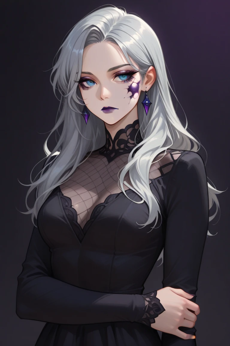 Illustrator, anime , Realistic ,sketch , 1 person, model, Age 25, lip, Sexy and revealing black and silver sheer priest dress, order, Blue gradient background, Neon Hair, Big Breasts, Her cleavage is visible, look back, Upper body holding a black rose in hand, Sexy look, Texture Trim, Russia, (masterpiece,Highest quality)
