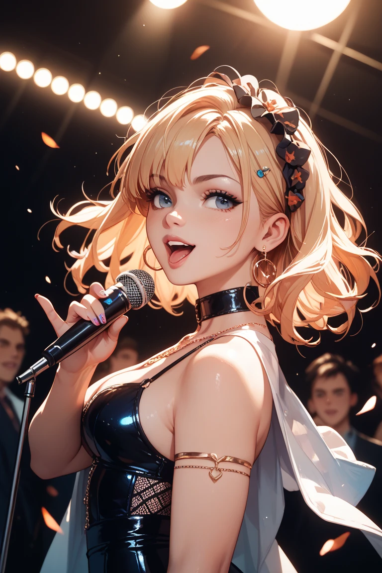 highest quality、High definition、Beautiful skin quality、Clear Eyes、One woman、Blonde short、Ring piercing of the earlobe、Holding a microphone、Sing a song、Dancing and singing in a nightclub、Sweat、Open off-shoulder T-shirt、Short bottom skirt、Beautiful legs、Beautiful thighs、Shot from above