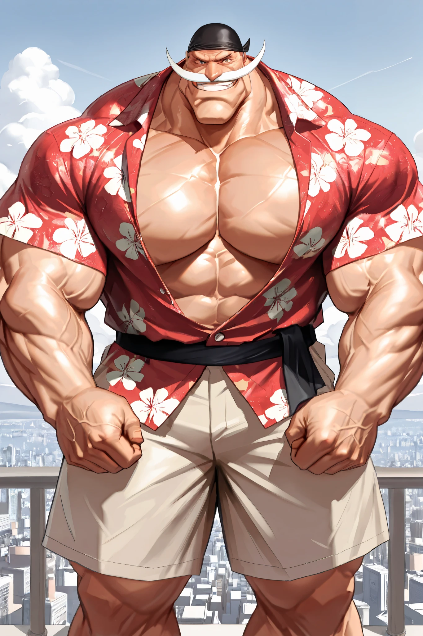 solo, massive muscular, old man, (shirohige, shirohige mustache), black bandana, very huge pectoral, shorts, hawaiian shirt, grin, city, detailed face, wide shoulder, thick arms, wide pectoral, muscle, short hair:1.2, masterpiece, semirealistic:1.2, high detailed, 8k, high resolution