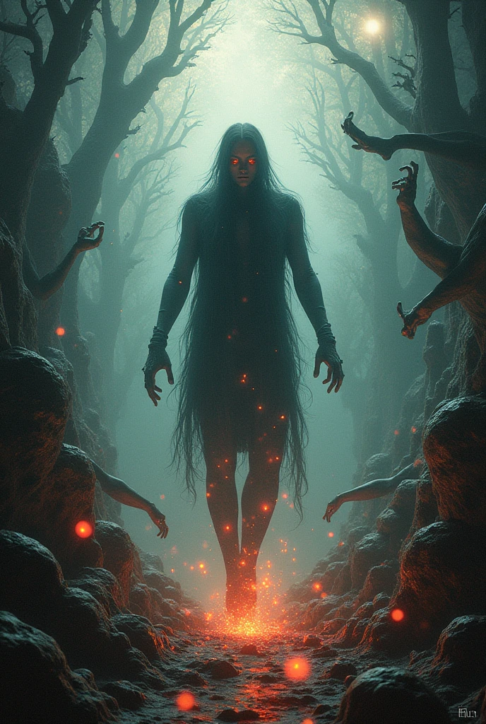 Black hair woman, deep black eyes, open jaw, split in half, without legs, dressed in white, In the air, terrifying, pale rotting skin, scary image, terror, in the middle of a forest at midnight, a savannah in the background, hyperrealistic, 8k, Very detailed, masterpiece, cinematic lighting, vibrant colors, dramatic , atmospheric
