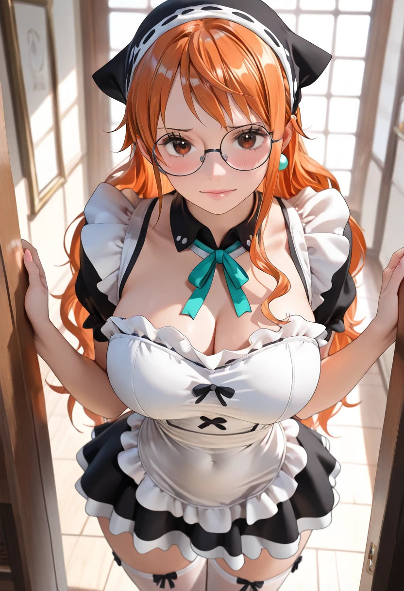 score_9, score_8_up, score_7_up, source_anime, 1girl, orange hair, orange eyes, low ponytail, cat ears, small breasts, eyeglasses, micro bikini maid, headdress, blouse, skirt, apron, areola, anxious, light smile, private room, mansion,