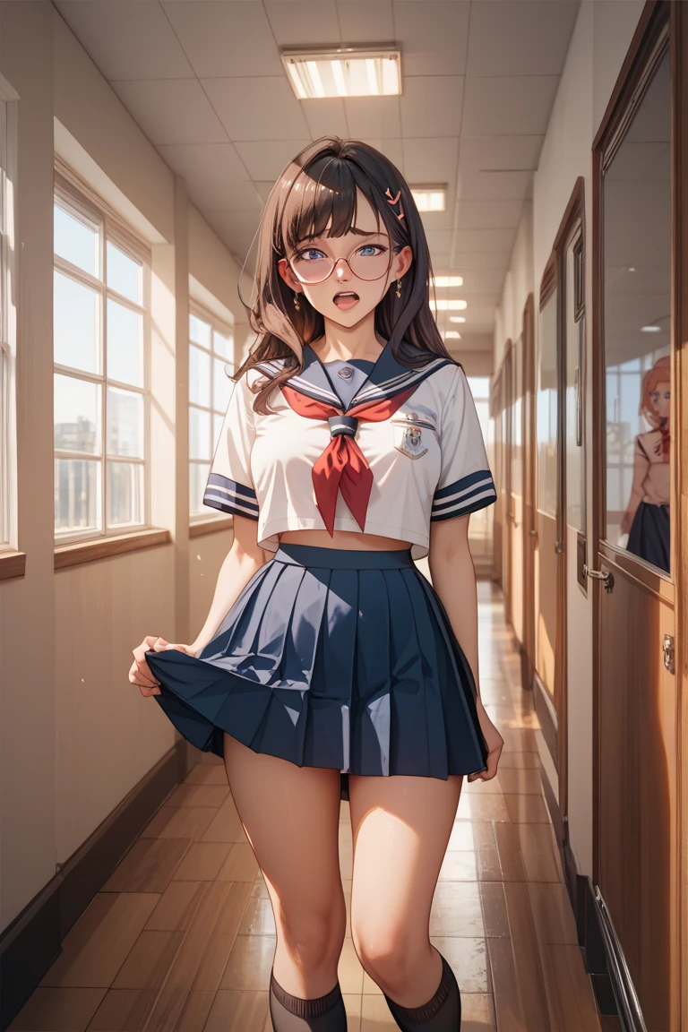 ((上半身がセーラー服で下半身は下着姿の女性はSchool corridorをセクシーに歩いている:1.4), (One Woman:1.3), ((highest quality)), (Super detailed), (Very detailed CG 統合 8k 壁紙), Very detailed, High resolution raw color photos, Professional photography, Brown Hair, Side Ponytail, Great face and eyes, Beautiful and large breasts, Slender body, (Stunningly beautiful woman), (Beautifully detailed eyes:1.3), (Detailed face:1.2),(School corridor, Many students wearing sailor uniforms are walking down the hallway., School corridorには窓がある:1.3) , (Stylish lingerie with a white base and black lace decoration on white fabric), ((Stylish white satin side-tie panties with lavish embellishments), (White panties with black lace)), Exact number of arms, Exact number of legs, Perfect Anatomy, (Embarrassed expression, Surprised expression), Angle from the front