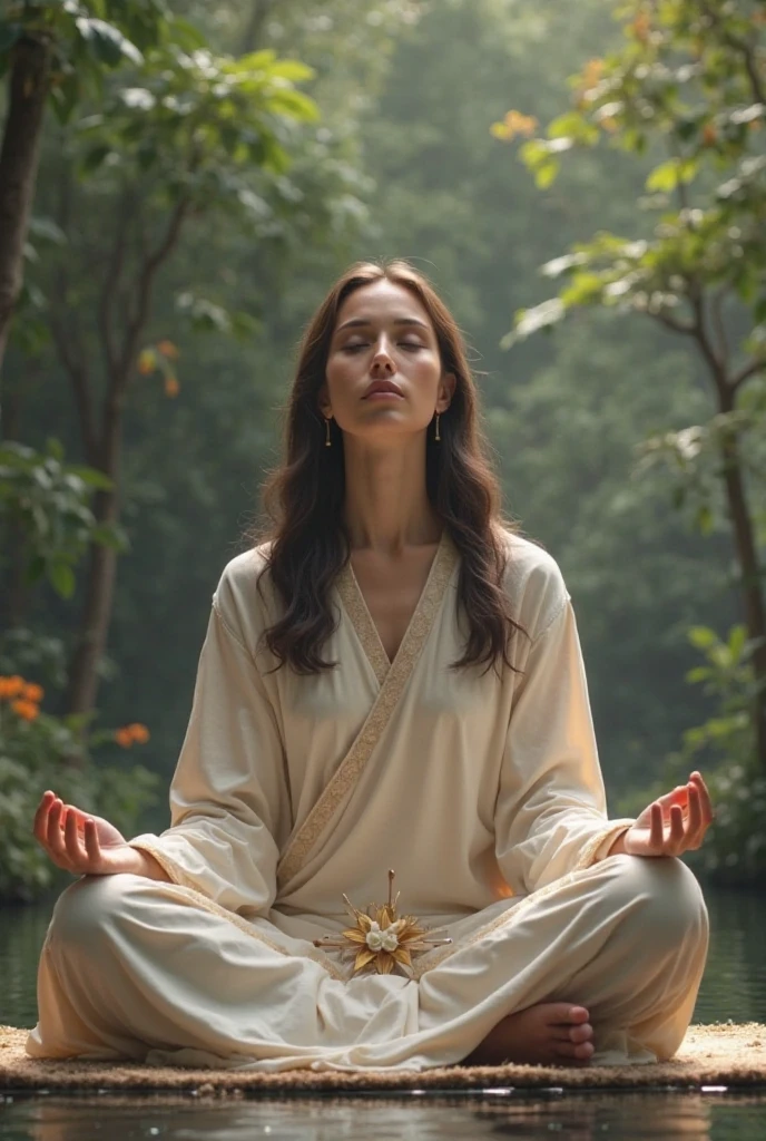 

Create a high definition image of Our Lady in a serene and balanced environment. She should be sitting in a quiet space, like a garden or a calm natural environment, with an expression of peace and balance. Include meditation elements, as meditation cushions or a space for reflection, and use soft colors like blues and greens. The image should convey a sense of calm and harmony.."

