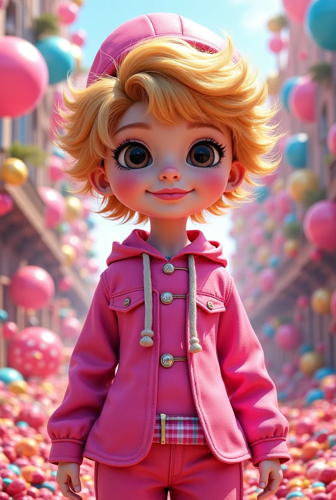  digital art animated teen girl blonde tight curl hair red pink coat drawing vivid 