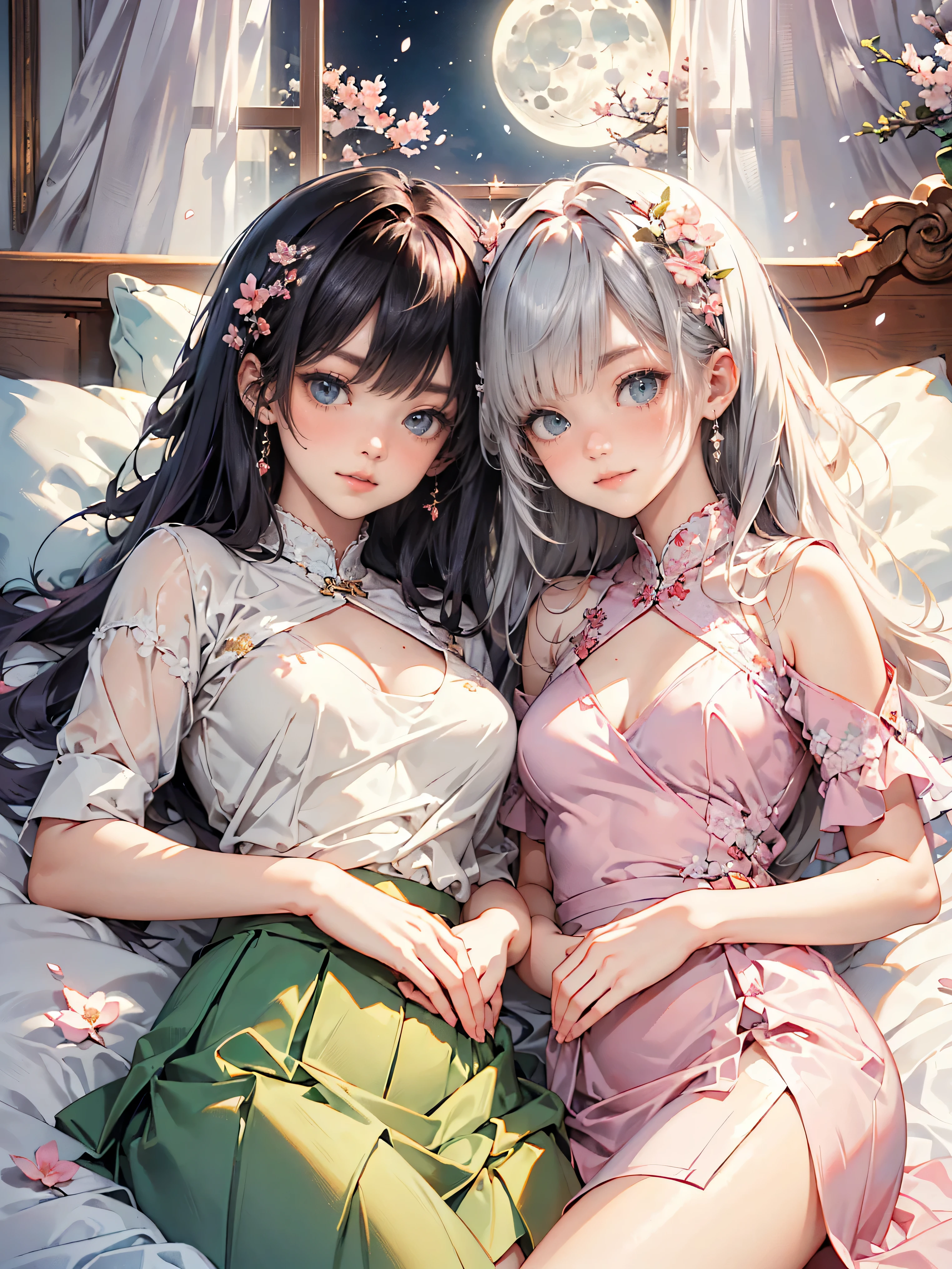 Best quality, 8K, best quality, masterpiece, ((two heterochromia high school girls)), ((heterochromia, blue eyes, golden eyes)), ((sparkling, detailed eyes)), (very precise eyes), (long platinum and purple hair), princess cut, ((translucent, shining white skin)), shining skin, very white skin, ((very small breasts)), ((wearing light green camisoles embroidered with cherry blossoms, lying side by side on a bed in a bedroom)), wearing pale pink tight skirts, ((they are pressed together)), gaze, blushing, ((moonlight from the window)), smile, very beautiful