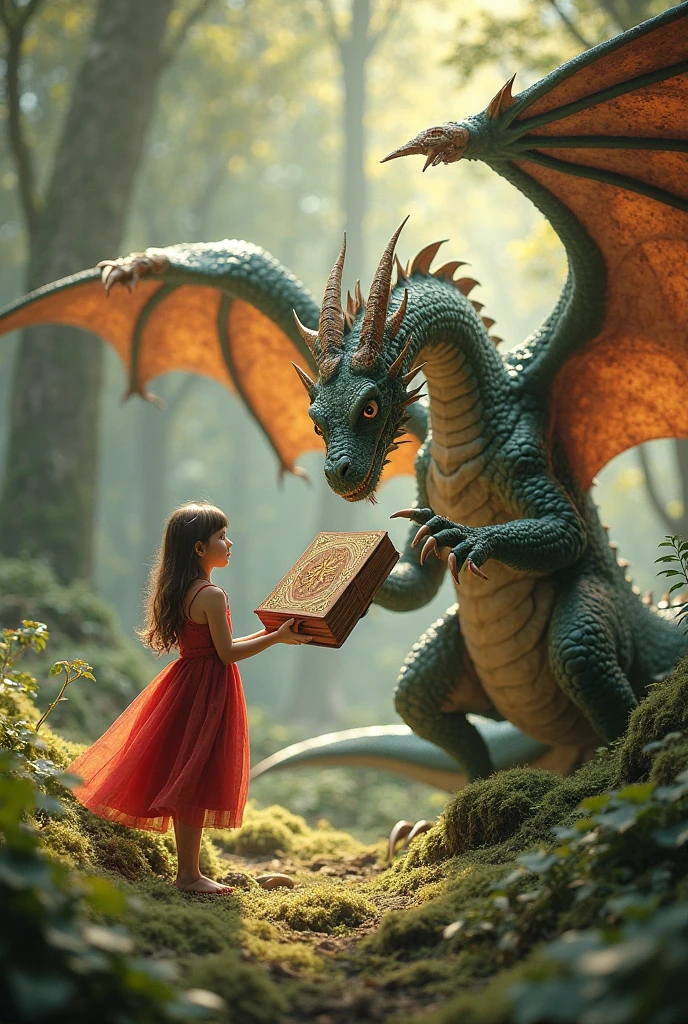 A huge dragon, winged by a little girl The dragon is black, has black angel wings, On his head he has a lot of lion fur and red eyes., He has big whiskers like a cat. 
They are in a beautiful landscape full of flowers and the  is reading a book while the dragon takes care of her..
The girl is wearing a pink dress and her long hair is loose., He has light brown hair