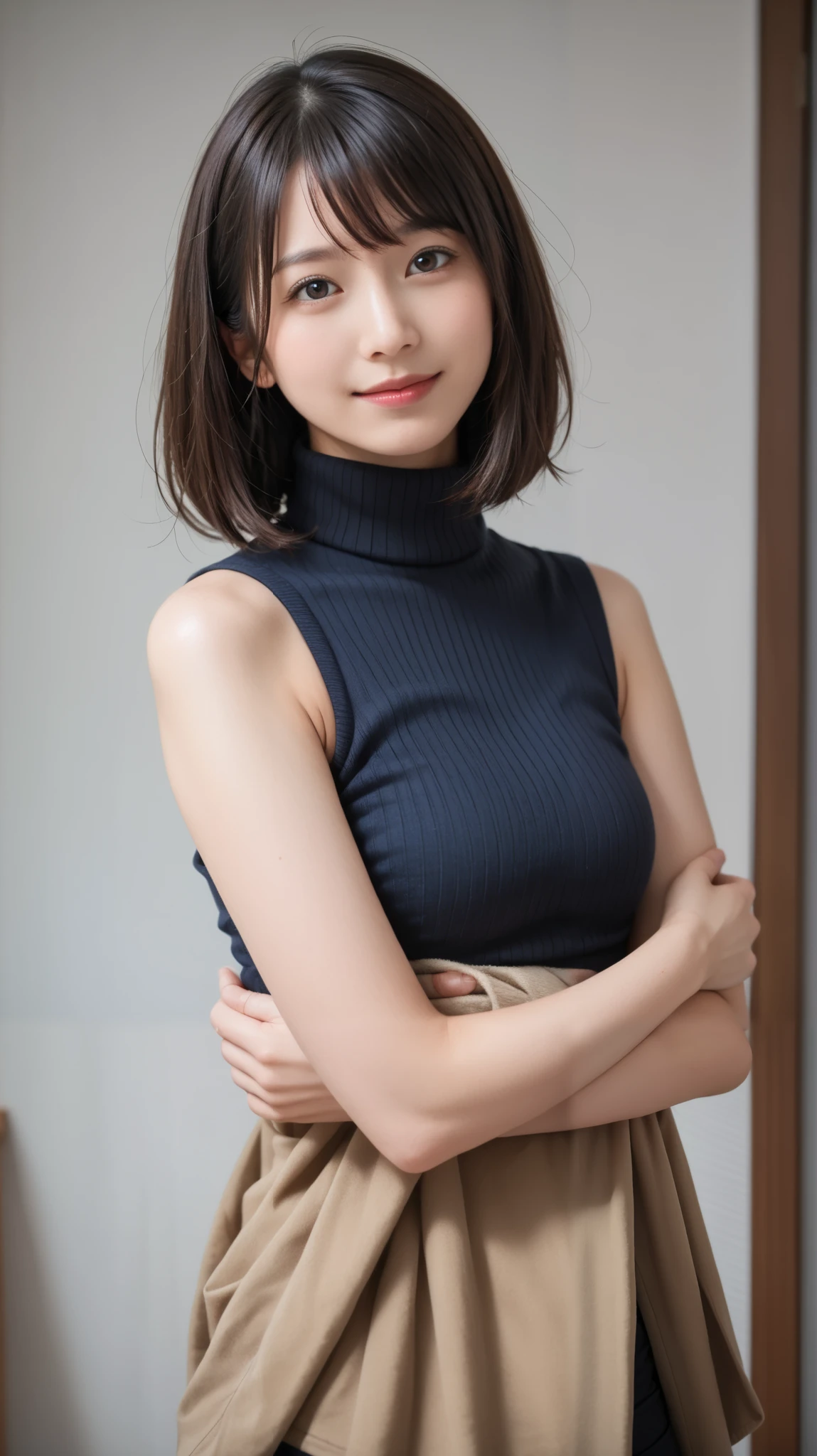 ((masterpiece,  Top Quality,  最high image qualityのKiによる撮影,  high image quality ,  photorealistic,  RAW photo , Extremely Detailed CG-Integrated 8K Wallpaper)),  1 Girl , alone,  A BEAUTIFUL YOUNG WOMAN, 20 years old,    realistic skin texture in the middle of a wooden staircase ,  pubic skin,  office,  ((( turtleneck ,  ID,  carry cardboard in lanyards,  sleeveless,  perfect body, Big Natural ,  A slightly proud look  ,  upper body))),