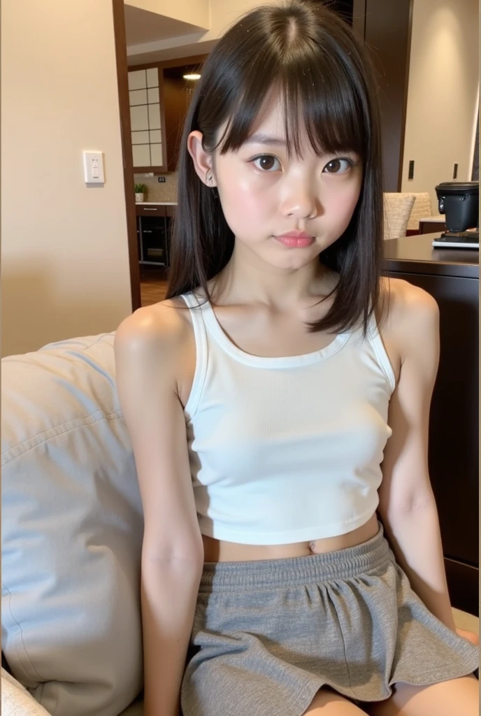 A realistic selfie of a very cute Japanese high school girl in her room wearing a white tank top,Highest quality, Ultra-high resolution