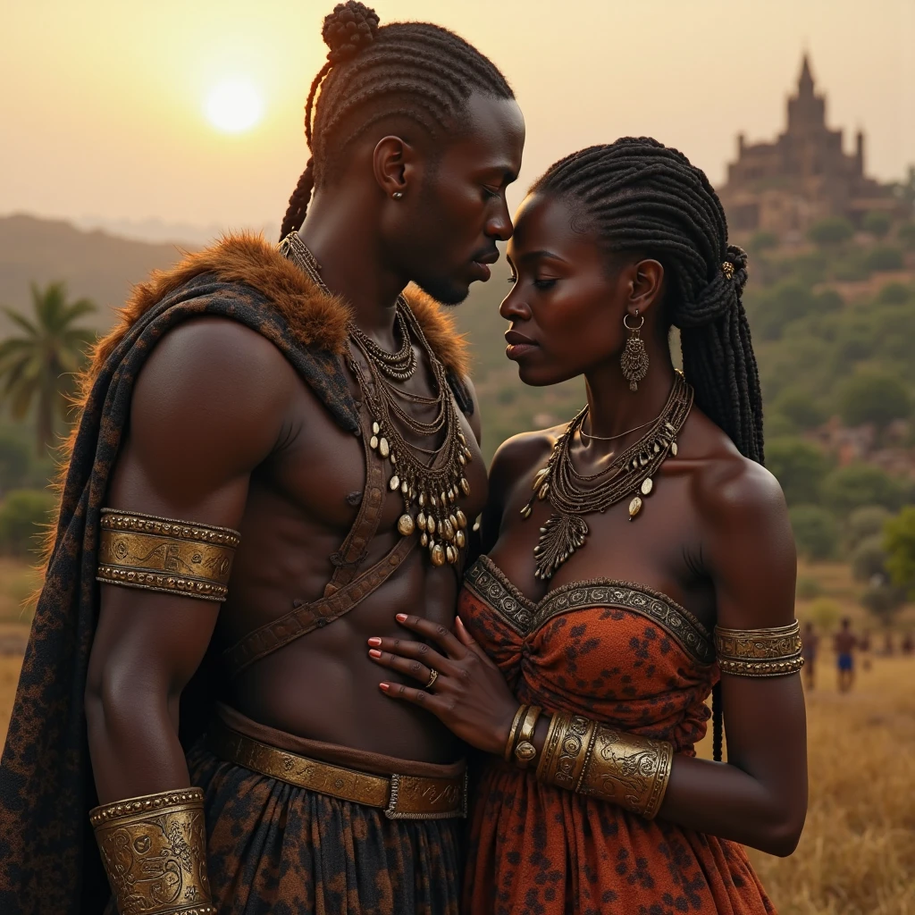 African man dressed in a white tunic and purple sparkles with African necklaces and a silver crown with silver bracelets accompanied by an African woman in a brown dress with colors and braided hair with copper necklaces and bracelets