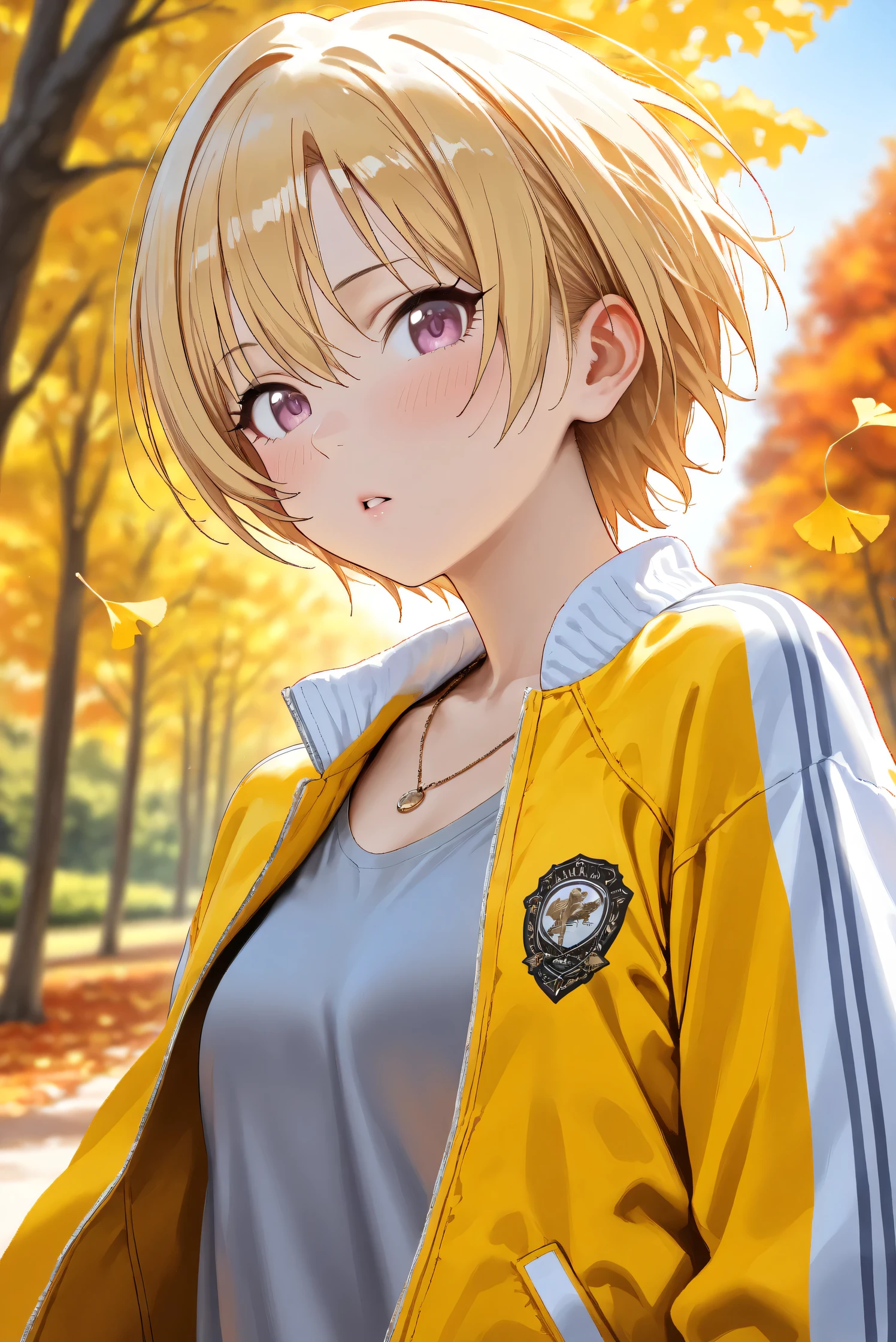 (Masterpiece), (Highest quality), (Very detailed), 
(The best shape), (Best Shadow), (Absurd), 
(Detailed background), (So beautiful), Shiny , 
Beautiful eyes in every detail, Extraordinary, Countershading, 8k, 32K, High resolution, 
Very Detailed CG,

Score_9, Score_8_up, Score_7_up, Source_anime, 
(Pastel painting:1.2), (Watercolor painting:1.2),
(Masterpiece, Detailed:1.2), (Foreshortening:1.2),

Cinematic, Dramatic, (Depth of field:1.4),
(Blurry background:1.4), (Realistic background:1.4),
Dynamic angle, 
1 girl,
Autumn, Outdoor, Nature, Park, Wind,
Autumn leaves, Ginkgo,
Scenery, Autumnforrestmb, Autumn, Forest, Tree, Nature, Outdoors, 

Saijo Juri,
the idolmaster shiny colors,
juri saijo, short hair, blonde hair, purple eyes, small breasts,

(Casual wear:1.3), 
T-shirts, (Gray t-shirts:1.3), 
Souvenir jacket, Yellow jacket, (Long sleeves jacket:1.2), White sleeves jacket,
Necklace,

(Portrait:1.1), (focus on face:1.1), (Close up shot:1.1),
(Blush:1.3), parted lips,
Realistic skin, Shiny skin,