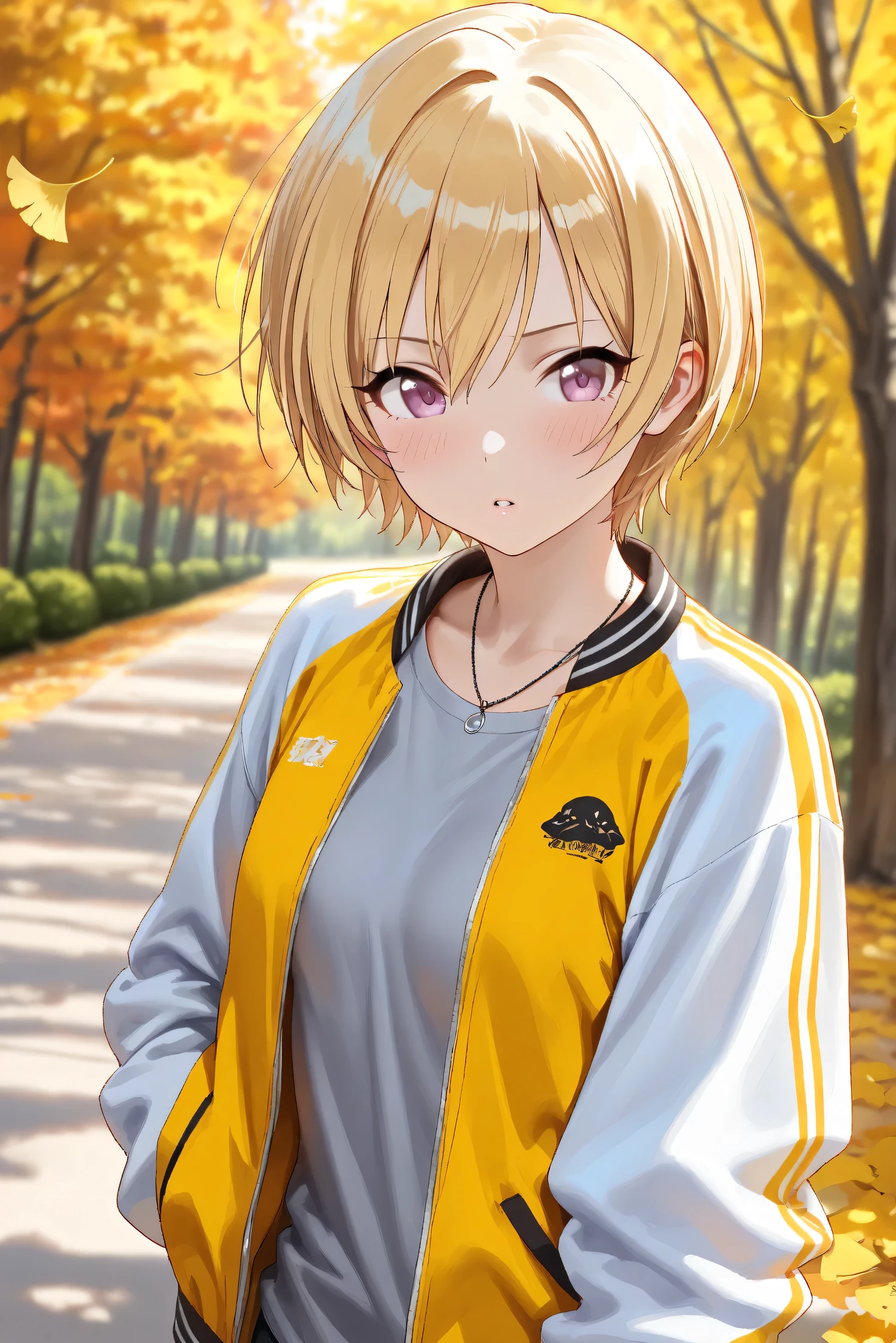 (Masterpiece), (Highest quality), (Very detailed), 
(The best shape), (Best Shadow), (Absurd), 
(Detailed background), (So beautiful), Shiny , 
Beautiful eyes in every detail, Extraordinary, Countershading, 8k, 32K, High resolution, 
Very Detailed CG,

Score_9, Score_8_up, Score_7_up, Source_anime, 
(Pastel painting:1.2), (Watercolor painting:1.2),
(Masterpiece, Detailed:1.2), (Foreshortening:1.2),

Cinematic, Dramatic, (Depth of field:1.4),
(Blurry background:1.4), (Realistic background:1.4),
Dynamic angle, 
1 girl,
Autumn, Outdoor, Nature, Park, Wind,
Autumn leaves, Ginkgo,
Scenery, Autumnforrestmb, Autumn, Forest, Tree, Nature, Outdoors, 

Saijo Juri,
the idolmaster shiny colors,
juri saijo, short hair, blonde hair, purple eyes, small breasts,

(Casual wear:1.3), 
T-shirts, (Gray t-shirts:1.3), 
Souvenir jacket, Yellow jacket, (Long sleeves jacket:1.2), White sleeves jacket,
Necklace,

(Portrait:1.1), (focus on face:1.1), (Close up shot:1.1),
(Blush:1.3), parted lips,
Realistic skin, Shiny skin,