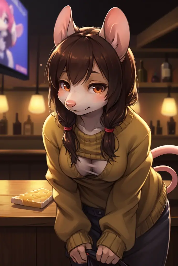 rough sketch style , Hallucination, daydream , nightmare , Insane Dream , bokeh , , realistic Japanese female mouse , round face , Seductive eyes , (open clothes by hands) , realistic long nose , hair tie , Bar, Cocktai cheese , sweater , (Leaning forward)
