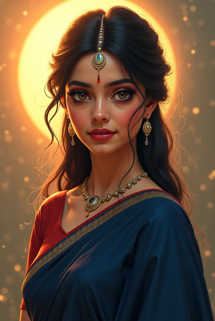 Radharani with white skin tone and shining blue eyes like sun,  with perfect figure, in dark blue saree, black hairs, hairs tied in indian way, innocent face with innocent expression on her face.