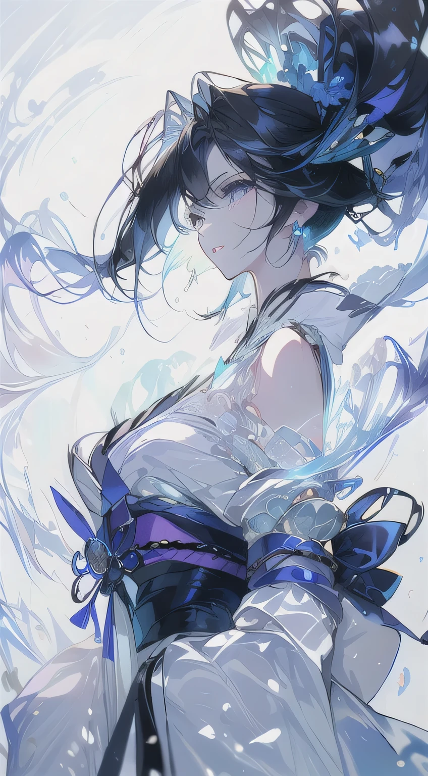 A beautiful woman with all the knowledge and dignity of the world　Blue Aura　Simple design　Staring into the Distance　Only blue shines in a black and white world　 pure white kimono