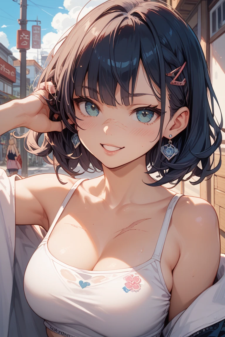 (Top image quality)，2000 Animation，Top animation quality，High-resolution details，Detailed wallpaper，(masterpiece)，(medium view), solo，A woman，upper body，Real style hair，neat black hair，neat bangs，Realistic style eyes，Clear black pupils，Beauty，light smile，(Wearing only a black off-shoulder T-shirt with lace trim，a USB at necklace)，large breast，(Cleavage)，cinematic shadow，Ray Tracing，Street background，Depth of Field，High-rise buildings，Shop sign，Neon，[at night]