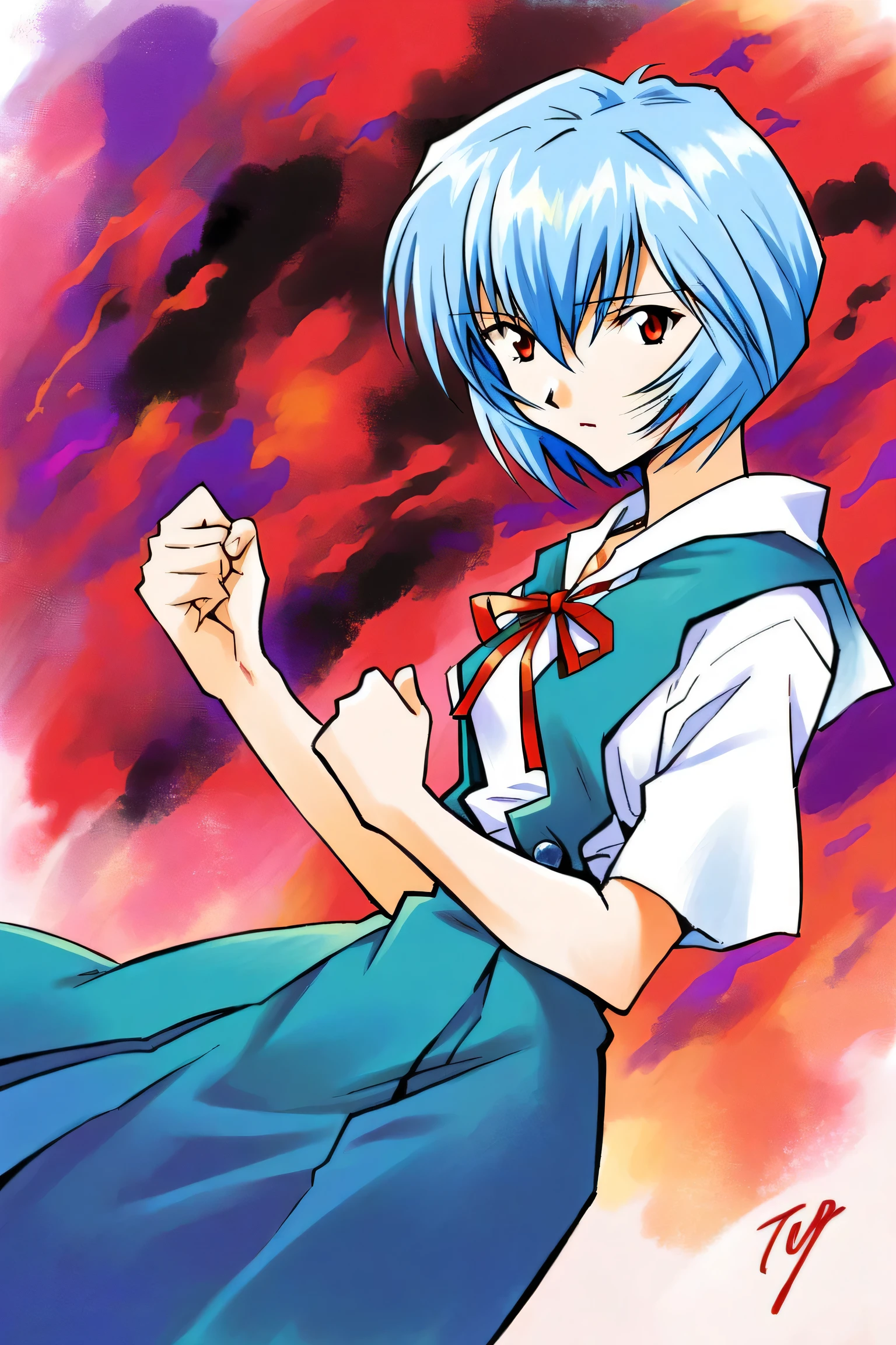1 girl,Ayanami Rei,short hair,blue hair,bandage,school uniform,solo,片目をbandageで覆う,Red Eyes,ribbon,watching viewers rip their polka dot bikinis,tokyo-3 middle school uniform,shirt,Short sleeve,closed mouth,neck ribbon,clenched fist,white shirt,cowboy shooting,raise your hand,skirt,red ribbon,bandageの頭,suspender skirt,no expression,bungs,clavicle,signature,is standing,bow,suspenders, place your arm beside,