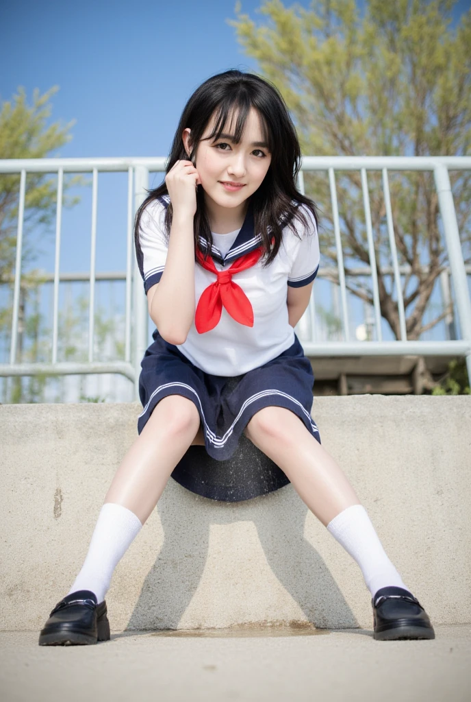 (realistic, photo realistic:1.2), ((highest quality)), move the center of gravity backwards, pretty embarrassing, white panties, (show panties:1.4), Tight Skirt, (Panty shot:1.3), (pull up the skirt:1.3), (squat:1.4), put the heel on the ground, spread your legs a little, squat with your knees up, Attach your ass to the ground, black penny loafers, beautiful face details, real human skin, gentle expression, Front view, angle from below, realistic, photorealistic, cute, short skirt, squat deep on school grounds, cute school girl, Japanese high school girl uniform, sailor suit, full body, Smile, natural smile, charming smile, enchanting smile, (looking at the viewer:1.2), Front view, from below,