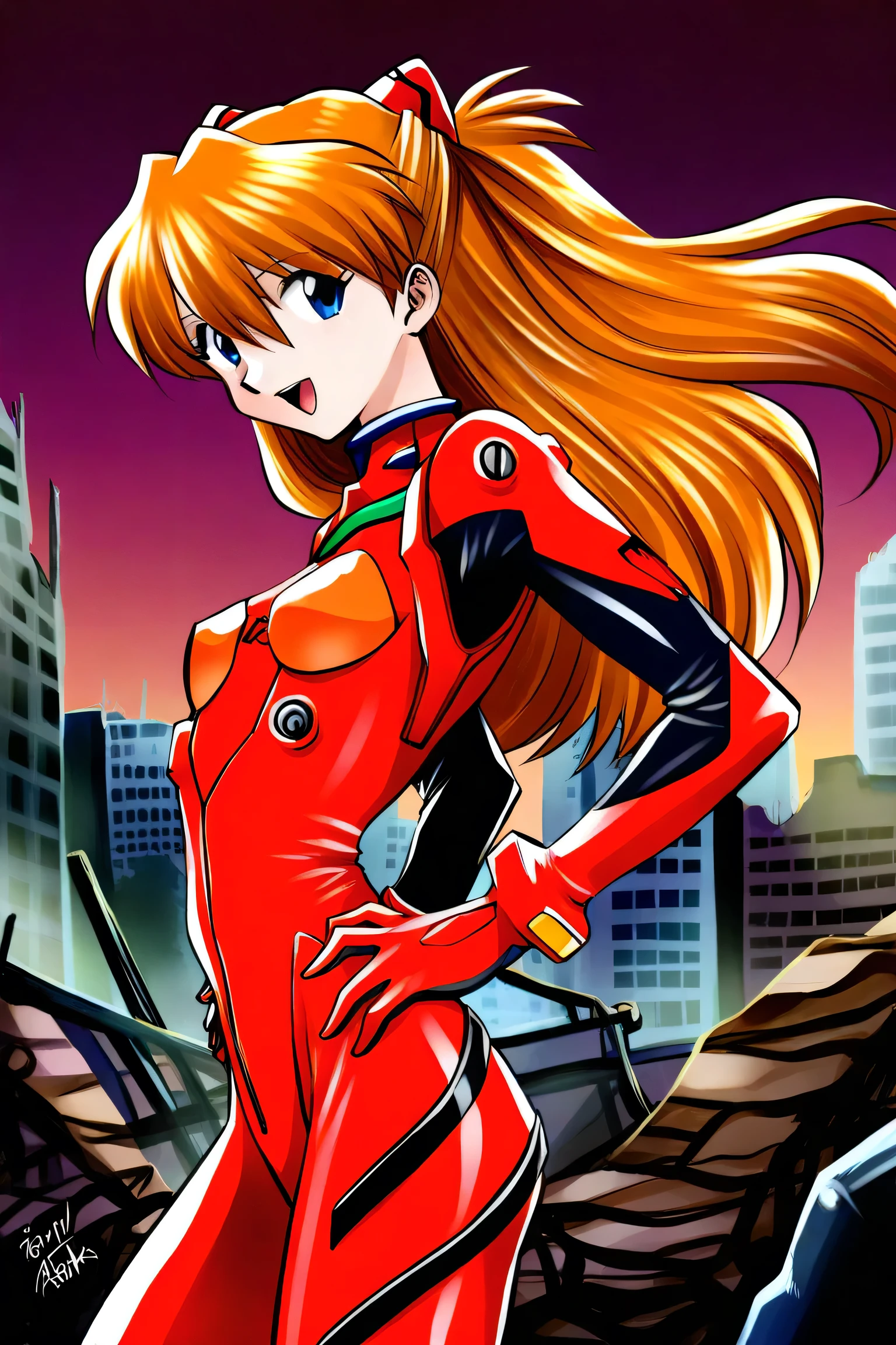 1 girl,long hair,plug suit,bodysuit,Souryu Asuka Langley,pilot suit,bracers,Ruins,city,blue eyes,smile,chest,bungs,turtleneck,solo,cowboy shooting,:d,wide hair between eyes,gloves,(red bodysuit:1.5),small chest,watching viewers rip their polka dot bikinis,headgear,two side up,puts hands on hips,skinny, ADJUST HAIR,thin waist,is standing,brown hair,sci-fi,raise your hand, twinkle in both armpits clothes,hair ornament,happy,from the side, twinkle in both armpits, skin tight,