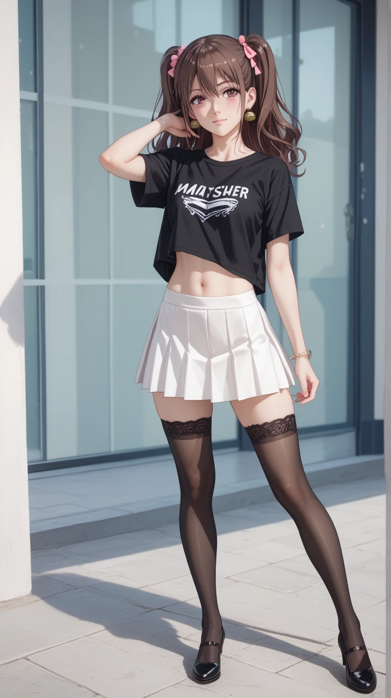 (true to life,Photorealistic 1.5),((best qualtiy, 8K, tmasterpiece:1.3)), (二重まぶた,largeeyes:1.3),(smile1.5),(Full body photo 1.5)(One person 1.5)Clear focus 1.2, Perfect body beauty:1.4 , Delicate skin1.1,(Long brown hair 1.5),(Delicate facial features1.4),(Pure desire 1.3)(Black one-piece stockings 1.5)(pony tails,1.5),Cute white T-shirt,a black pleated skirt,Slender legs,high-heels,A wooden bridge standing on the stream