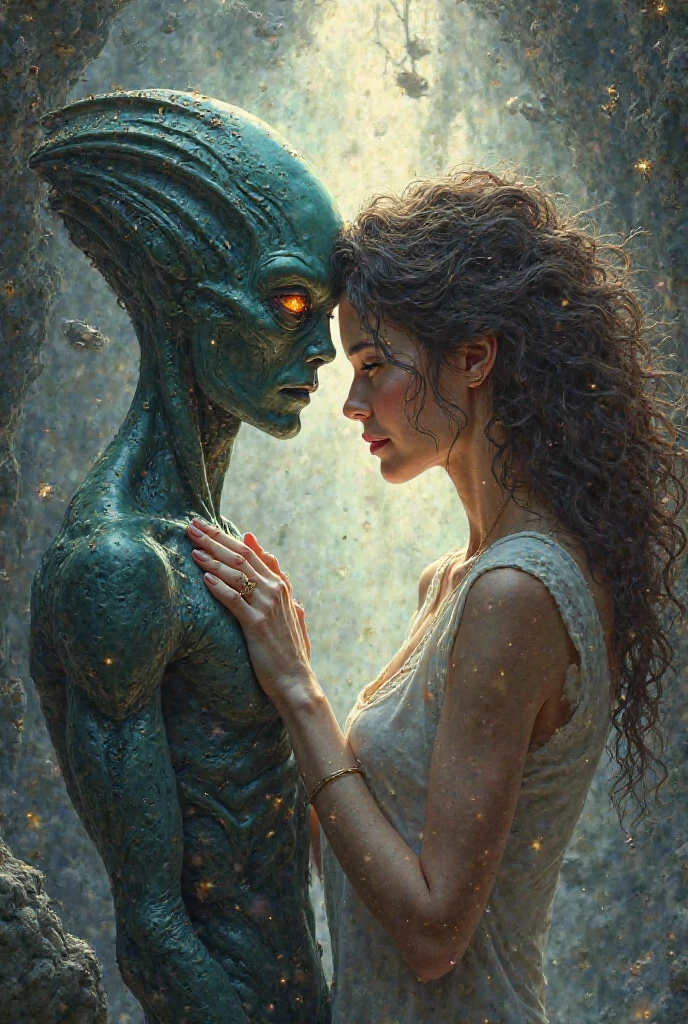 A male alien with a human-like appearance of medium size, accompanied by a woman, watching a sunset together.