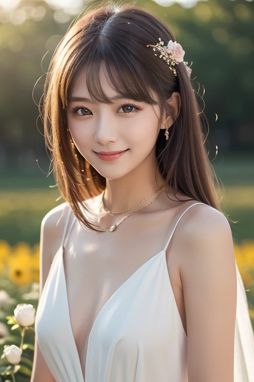 cleavage，Best quality, masterpiece, ultra high res, (photorealistic:1.4), raw photo, 1girl, white dress, off shoulder, white flower field, glowing skin, light smile