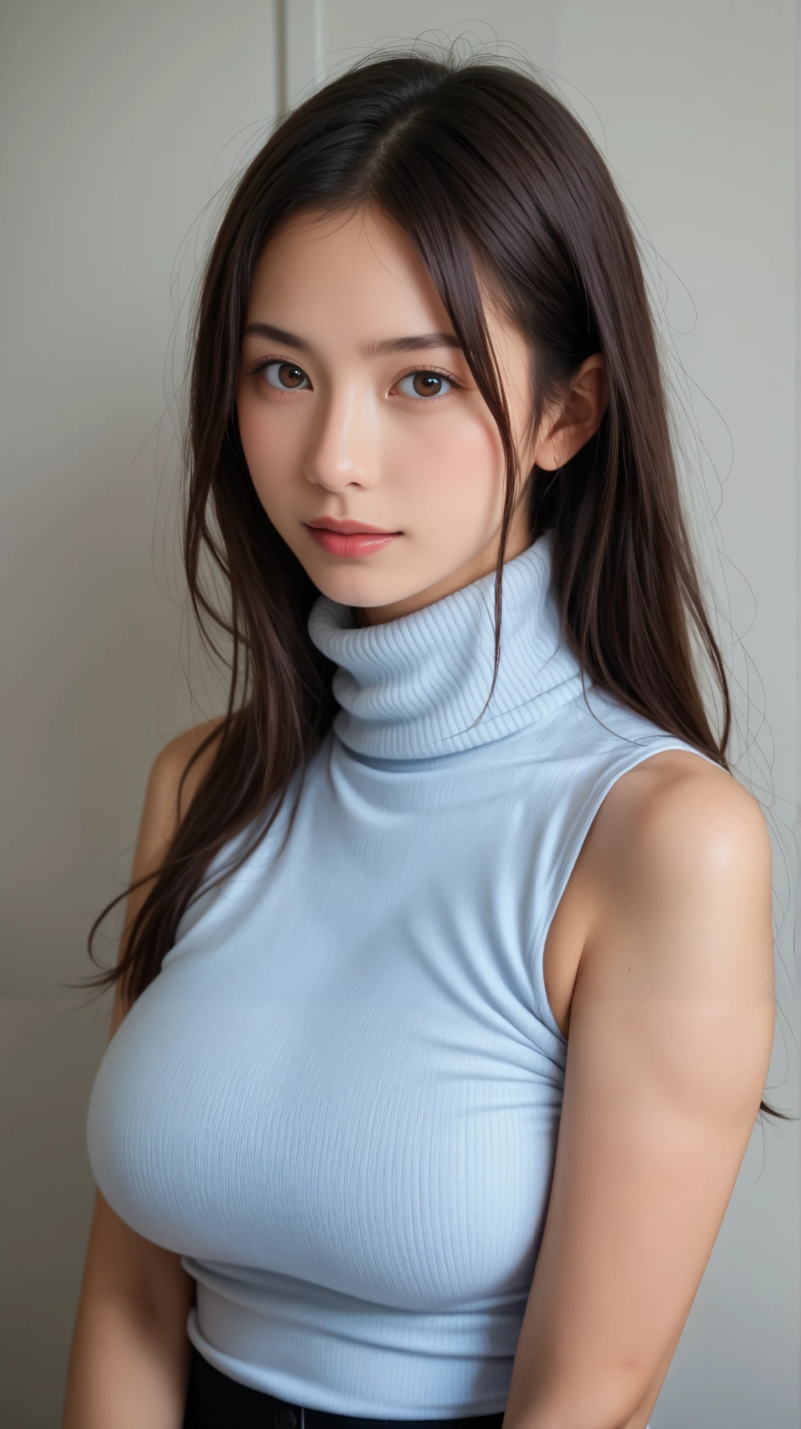 ((masterpiece, Top Quality, 最high image qualityのKiによる撮影, high image quality , photorealistic, RAW photo , Extremely Detailed CG-Integrated 8K Wallpaper)), 1 Girl , alone, A BEAUTIFUL YOUNG WOMAN, realistic skin texture , Big Breasts、office, ((( turtleneck , ID, sleeveless, perfect body, 天然Big Breasts, A slightly proud look , upper body))),