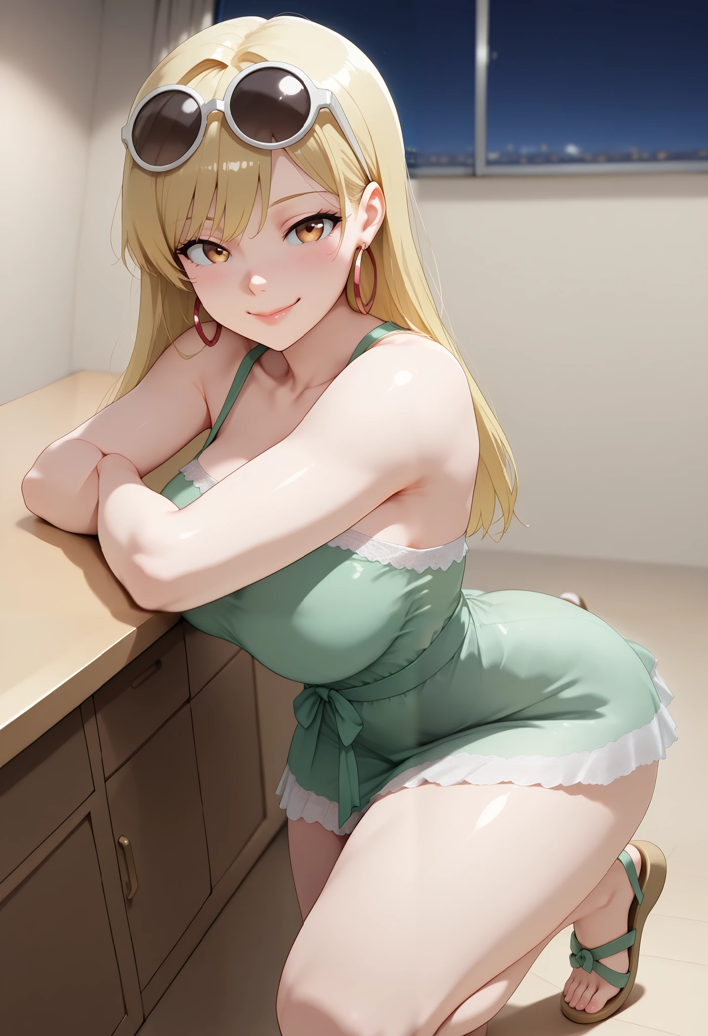 (dynamic angle, wide view, wide-angle lens, extremely detailed, CG, 8k Amazing, finely detail)), (intricate details, depth of field), 8k UHD, (masterpiece, best quality), ((amazing quality,very aesthetic,absurdres,best quality,newest, masterpiece)), ultra detailed, best quality, beautiful face, perfect anatomy, anatomically correct, athletic sexy body, Expressiveh, (cute face, cute body))), ((happy girl, proud to show her body)), ((((eni loud blonde hair bangs, (long lush blonde hair, mid-back length), white rim round sunglasses in head over, eyewear on head, hoop earrings, (((short green sleveless dress)))), upskirt lace cheeky panties, ((( sandals)))))), ((large breasts, slim sexy body, curvy hips, seductive pose, flirting, naughty face, blush)), (((looking at viewer, happy smile, joy, cowboy shot, dynamic pose)))), curvy, toned, athletic, kneeling, arms on table, crossed legs, upskirt, ((((profile shot)))), (((seductive pose, sexy pose, cowboy pose)), indoors,((hourglass figure)), ((pinup pose, seductive pose,dynamic pose, seductive), ((precise face and eyes:1)) , ((looking at back, full body shot, hourglass figure, wide hips)))), fantasy, outdoors, ((highly detailed, highres, 8k, uhd, High Dynamic Range, tonemapping, crisp details, intricate details, fine details)), ((highly detailed skin texture, finely detailed hair, perfect face, perfect body, perfect hair, perfect anatomy, portrait)), finely detailed skin, sharp focus, (cinematic lighting), collarbone, night, soft lighting, dynamic angle, Side View, Shot From Side, Low View,, (side_view_perspective:1.5), ((showing off your butt , showing the butt, rear camera , turning your back to the camera , posing in a sexy way))