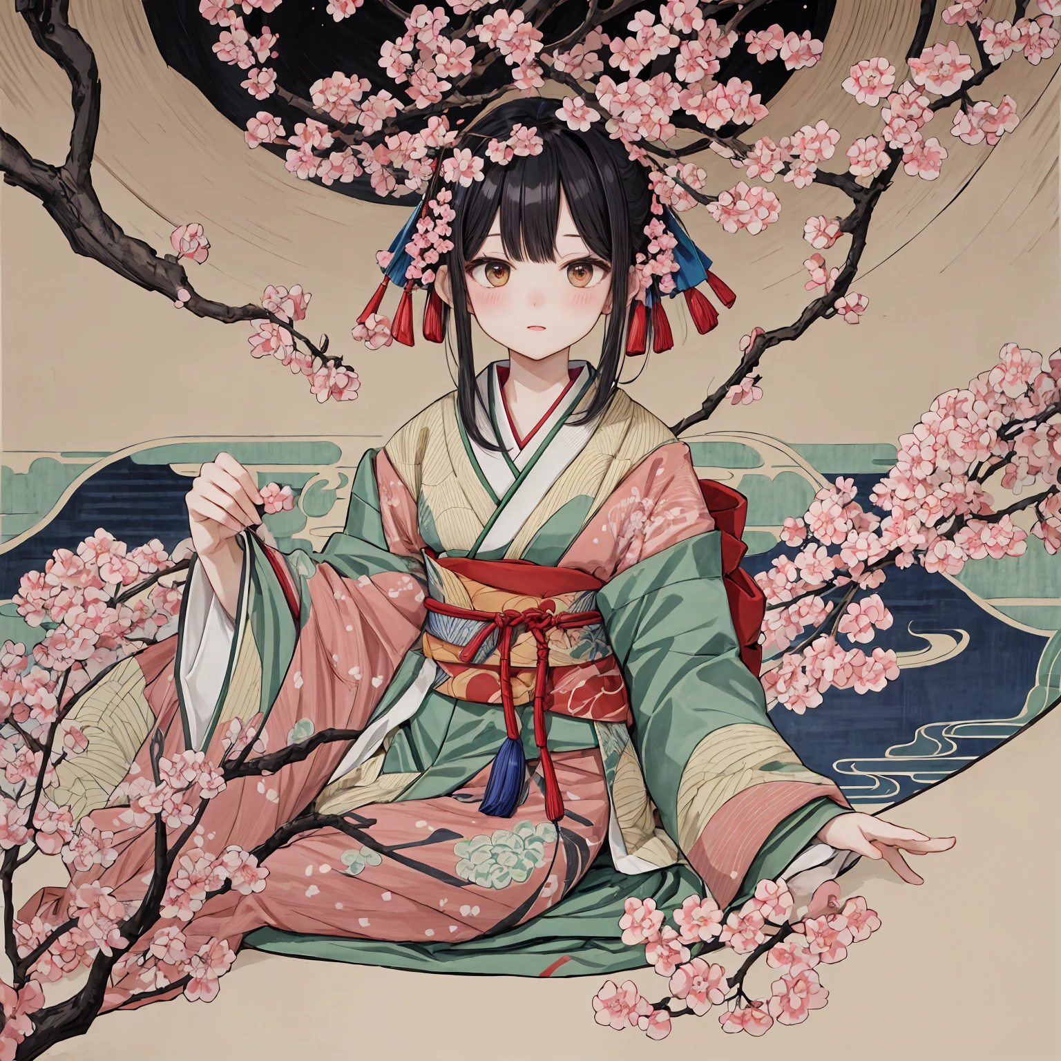 Cherry blossoms drawn with traditional Ukiyo-e touches from the Edo period