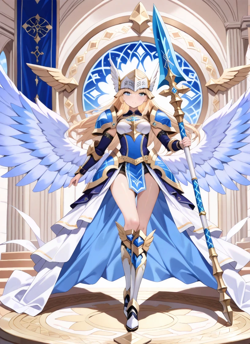 (masterpiece), best quality, 1girl, A beautiful young girl with long blonde hair wearing a blue skirt and white heavy armor. The girl raises the cape in her hand and shouts. The cape spreads its white wings in the air. Winged head gear, armor decorated with blue roses, sword decorated with blue roses. feathers flying apart. Sacred light, blue sky and clouds, noble and elegant, glittering, fantasy art
