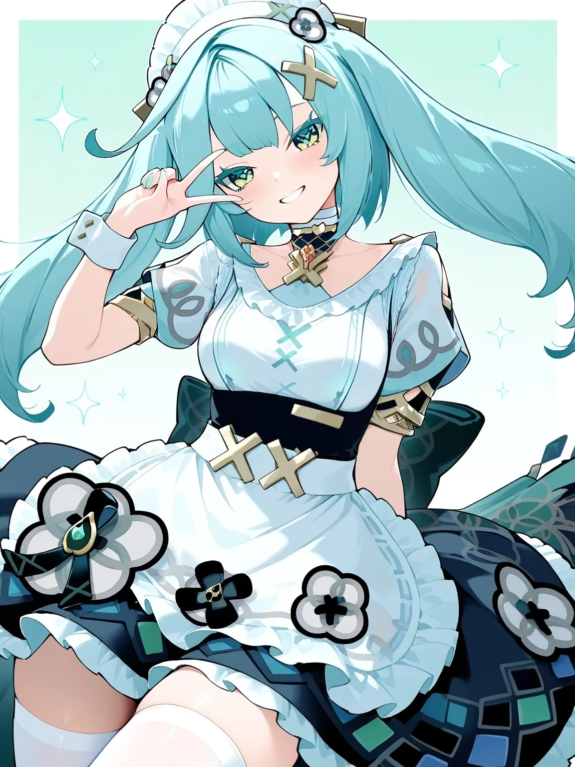 League of Legends, Gwen, Lingluo doll, 1 girl, cute and naughty Gwen, full of vigorous pose, fluttering skirt, Wu belt when the wind, lake blue decorative stripes, shawl long hair, rose curly hair, gorgeous skirt, dress with skirt support, double skirt, huge skirt, huge bow, perfect legs, lolita, blue double ponytail woman, (((see from the net below))), look up, see-through, (seductive pose), look at the audience, crazy, black cut, (eye contact), realistic, masterpiece, reality, High contrast, super detail, best quality, super high resolution, realistic, high resolution, detailed, original photo