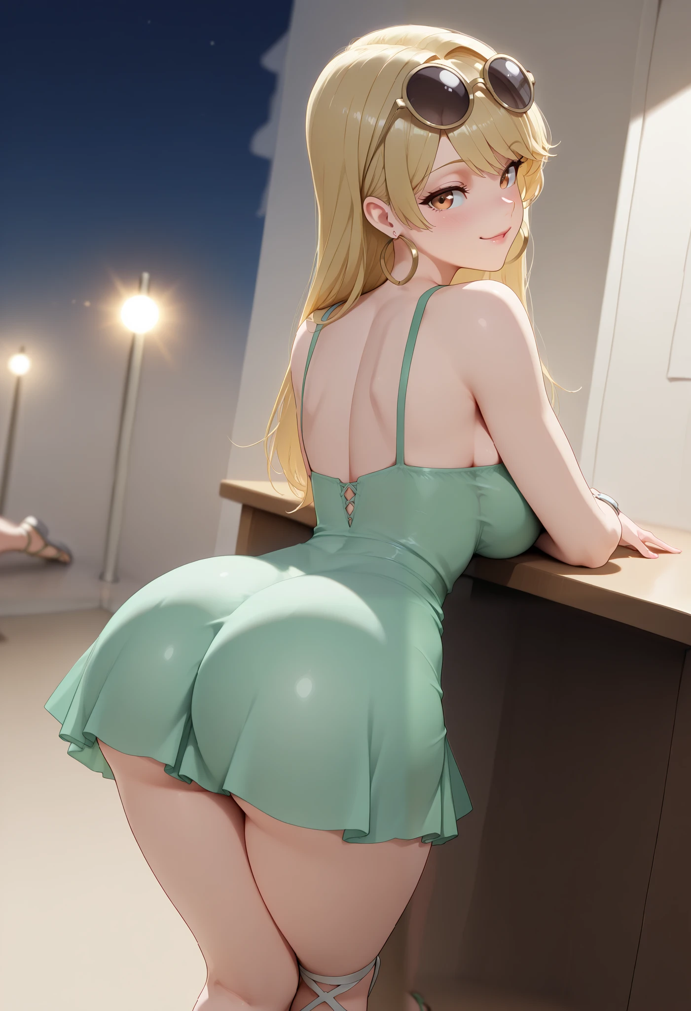 (dynamic angle, wide view, wide-angle lens, extremely detailed, CG, 8k Amazing, finely detail)), (intricate details, depth of field), 8k UHD, (masterpiece, best quality), ((amazing quality,very aesthetic,absurdres,best quality,newest, masterpiece)), ultra detailed, best quality, beautiful face, perfect anatomy, anatomically correct, athletic sexy body, Expressiveh, (cute face, cute body))), ((happy girl, proud to show her body)), ((((eni loud blonde hair bangs, (long lush blonde hair, mid-back length), white rim round sunglasses in head over, eyewear on head, hoop earrings, (((short green sleveless dress)))), upskirt lace cheeky panties, ((( sandals)))))), ((large breasts, slim sexy body, curvy hips, seductive pose, flirting, naughty face, blush)), (((looking at viewer, happy smile, joy, cowboy shot, dynamic pose)))), curvy, toned, athletic, kneeling, arms on table, crossed legs, upskirt, ((((profile shot)))), (((seductive pose, sexy pose, cowboy pose)), indoors,((hourglass figure)), ((pinup pose, seductive pose,dynamic pose, seductive), ((precise face and eyes:1)) , ((looking at back, full body shot, hourglass figure, wide hips)))), fantasy, outdoors, ((highly detailed, highres, 8k, uhd, High Dynamic Range, tonemapping, crisp details, intricate details, fine details)), ((highly detailed skin texture, finely detailed hair, perfect face, perfect body, perfect hair, perfect anatomy, portrait)), finely detailed skin, sharp focus, (cinematic lighting), collarbone, night, soft lighting, dynamic angle, Side View, Shot From Side, Low View,, (side_view_perspective:1.5), ((showing off your butt , showing the butt, rear camera , turning your back to the camera , posing in a sexy way)), (((narrow waist, curvy, score_9, score_8_up, score_7_up, score_6_up, back view, looking at the viewer, kneeling, looking back, arched back, butt focus, butt clenching, cowboy shot)))