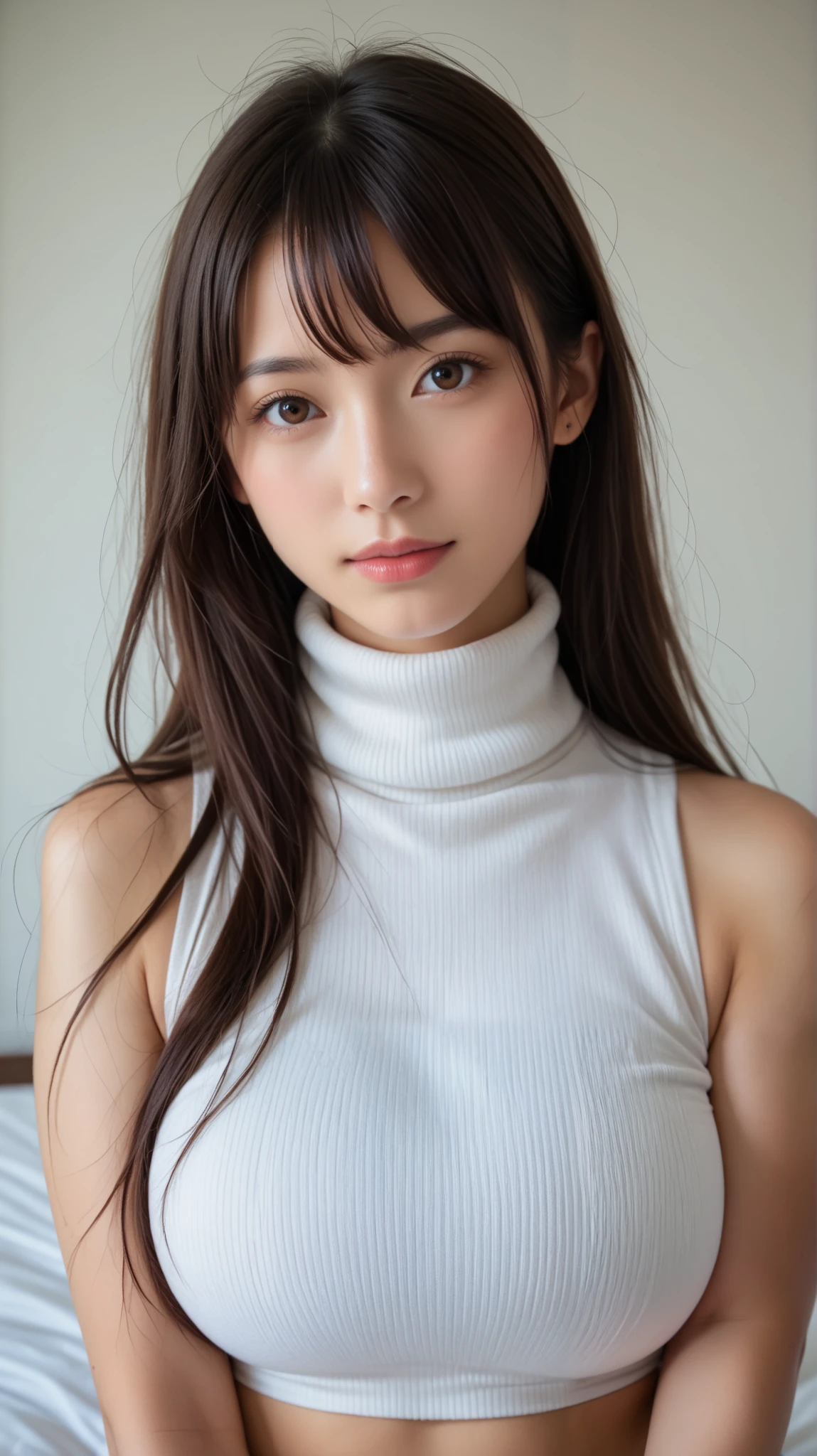 ((masterpiece, Top Quality, 最high image qualityのKiによる撮影, high image quality , photorealistic, RAW photo , Extremely Detailed CG-Integrated 8K Wallpaper)), 1 Girl , alone, A BEAUTIFUL YOUNG WOMAN, realistic skin texture , Big Breasts、on the bed, ((( turtleneck , ID, sleeveless, perfect body, 天然Big Breasts, A slightly proud look , upper body))),panties、beautiful thighs、Tight it on the bed、opening