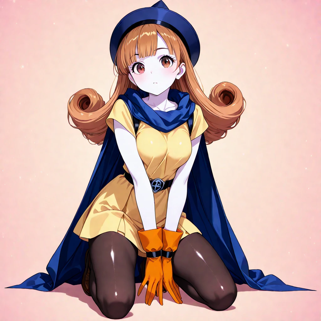 1 Girl、High resolution、masterpiece、(Arena - DQ4、DQ4-Arena、Orange Hair)、smile、Squat with your legs apart、Leaning forward、thin、Muscular、thin太もも、、Outdoor、sunny空、sunny、Navy blue hat、Cape、Mini Dress、boots、(((Sexy white panties with detailed trim)))、Attack with kicks、Attacking with the foot、shot of her from below、Black tights with detailed embellishments