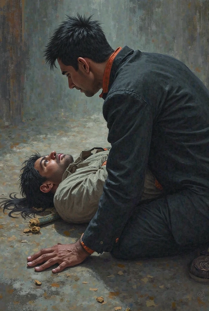 A rough oil paint of a man with a broken neck beside his defeated opponent