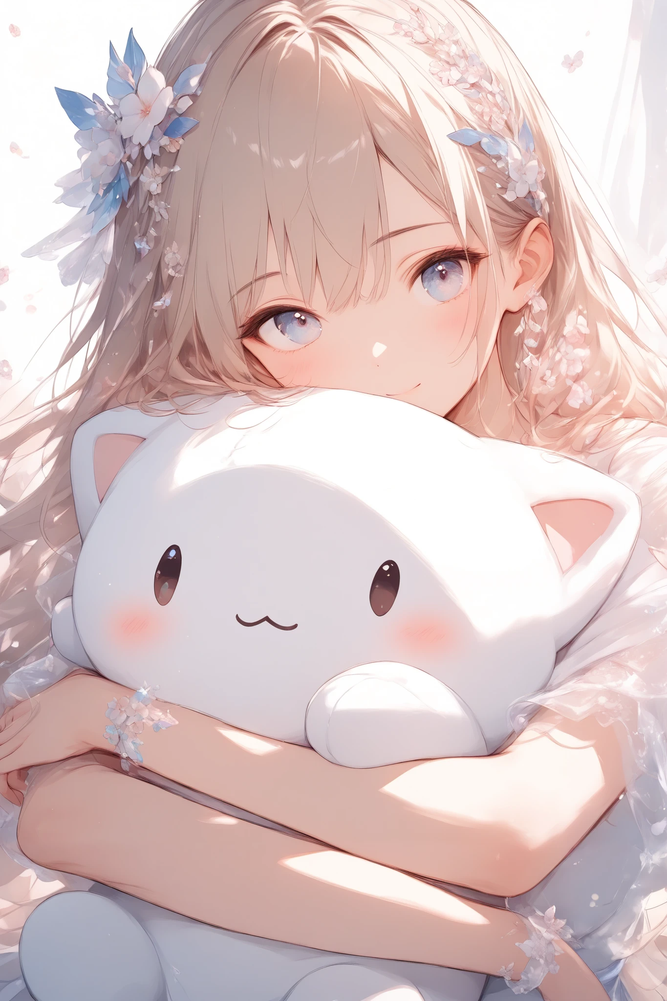 (masterpiece:1.2),high quality of wavy lines、very breathtaking、beautiful details、best image quality、((Three-dimensional works))、´・ω・`,Hug a white plush character