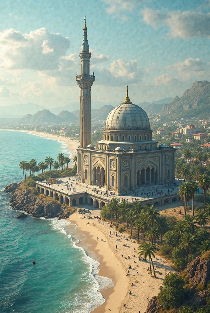 view of the beautiful colourful mosque at beautiful beach in the morning,ultra realistic,ultra high quality,ultra high resolution,ultra high definition,octane renderings, maximum sharp focus,