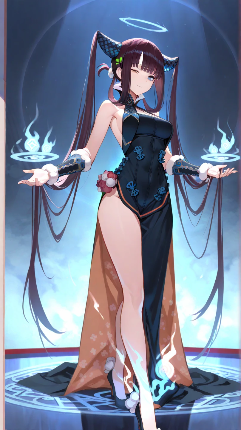 Tall girl, big boobs happy, party dress, in a party, dancing, arms up, full body