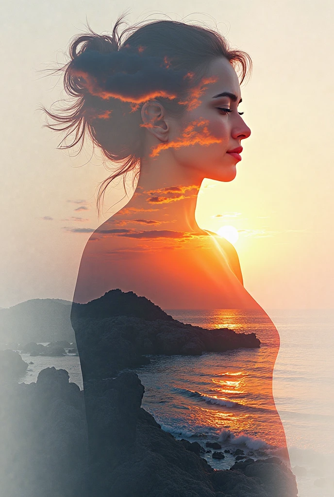 high quality, 8K Ultra HD, A beautiful double exposure that combines an goddess silhouette with sunset coast, sunset coast should serve as the underlying backdrop, with its details incorporated into the goddess , crisp lines, The background is monochrome, sharp focus, double exposure, by yukisakura, awesome full color,