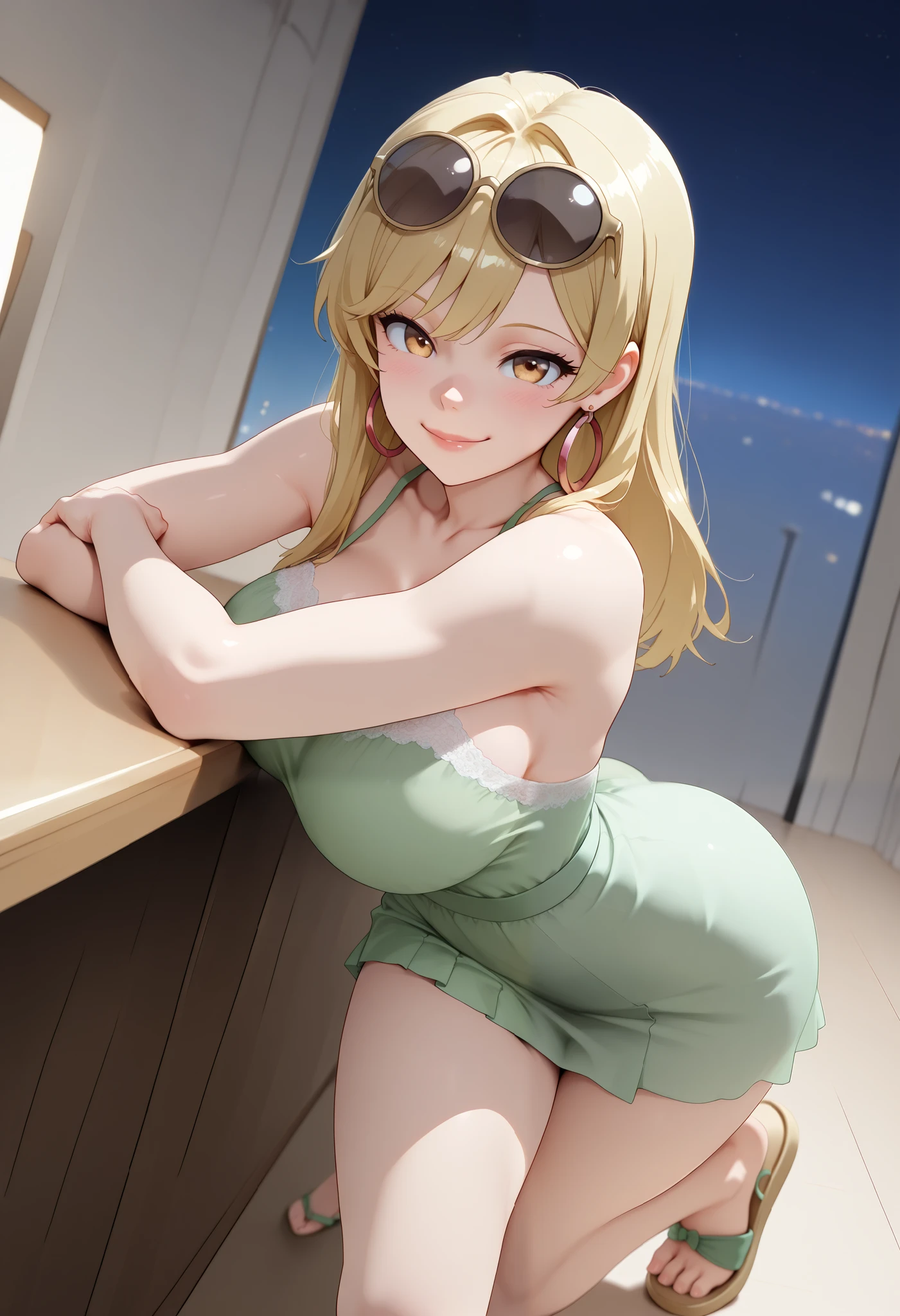 (dynamic angle, wide view, wide-angle lens, extremely detailed, CG, 8k Amazing, finely detail)), (intricate details, depth of field), 8k UHD, (masterpiece, best quality), ((amazing quality,very aesthetic,absurdres,best quality,newest, masterpiece)), ultra detailed, best quality, beautiful face, perfect anatomy, anatomically correct, athletic sexy body, Expressiveh, (cute face, cute body))), ((happy girl, proud to show her body)), ((((eni loud blonde hair bangs, (long lush blonde hair, mid-back length), white rim round sunglasses in head over, eyewear on head, hoop earrings, (((short green sleveless dress)))), upskirt lace cheeky panties, ((( sandals)))))), ((large breasts, slim sexy body, curvy hips, seductive pose, flirting, naughty face, blush)), (((looking at viewer, happy smile, joy, cowboy shot, dynamic pose)))), curvy, toned, athletic, kneeling, arms on table, crossed legs, upskirt, ((((profile shot)))), (((seductive pose, sexy pose, cowboy pose)), indoors,((hourglass figure)), ((pinup pose, seductive pose,dynamic pose, seductive), ((precise face and eyes:1)) , ((looking at back, full body shot, hourglass figure, wide hips)))), fantasy, outdoors, ((highly detailed, highres, 8k, uhd, High Dynamic Range, tonemapping, crisp details, intricate details, fine details)), ((highly detailed skin texture, finely detailed hair, perfect face, perfect body, perfect hair, perfect anatomy, portrait)), finely detailed skin, sharp focus, (cinematic lighting), collarbone, night, soft lighting, dynamic angle, Side View, Shot From Side, Low View,, (side_view_perspective:1.5), ((showing off your butt , showing the butt, upskirt, rear camera , turning your back to the camera , posing in a sexy way))