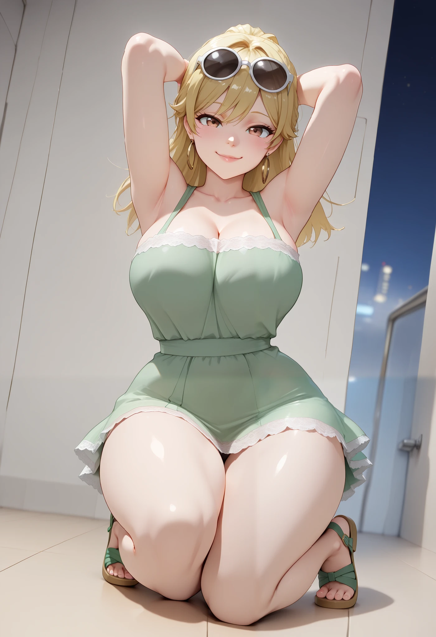 (dynamic angle, wide view, wide-angle lens, extremely detailed, CG, 8k Amazing, finely detail)), (intricate details, depth of field), 8k UHD, (masterpiece, best quality), ((amazing quality,very aesthetic,absurdres,best quality,newest, masterpiece)), ultra detailed, best quality, beautiful face, perfect anatomy, anatomically correct, athletic sexy body, Expressiveh, (cute face, cute body))), ((happy girl, proud to show her body)), ((((eni loud blonde hair bangs, (long lush blonde hair, mid-back length), white rim round sunglasses in head over, eyewear on head, hoop earrings, (((short green sleveless dress)))), upskirt lace cheeky panties, ((( sandals)))))), ((large breasts, slim sexy body, curvy hips, seductive pose, flirting, naughty face, blush)), (((looking at viewer, happy smile, joy, cowboy shot, dynamic pose)))), curvy, toned, athletic, kneeling, arms up, crossed legs, upskirt, ((((profile shot)))), (((seductive pose, sexy pose, cowboy pose)), indoors,((hourglass figure)), ((pinup pose, seductive pose,dynamic pose, seductive), ((precise face and eyes:1)) , ((looking at back, full body shot, hourglass figure, wide hips)))), fantasy, outdoors, ((highly detailed, highres, 8k, uhd, High Dynamic Range, tonemapping, crisp details, intricate details, fine details)), ((highly detailed skin texture, finely detailed hair, perfect face, perfect body, perfect hair, perfect anatomy, portrait)), finely detailed skin, sharp focus, (cinematic lighting), collarbone, night, soft lighting, dynamic angle, Side View, Shot From Side, Low View,, (side_view_perspective:1.5), ((showing off your butt , showing the butt, upskirt, rear camera , turning your back to the camera , posing in a sexy way))