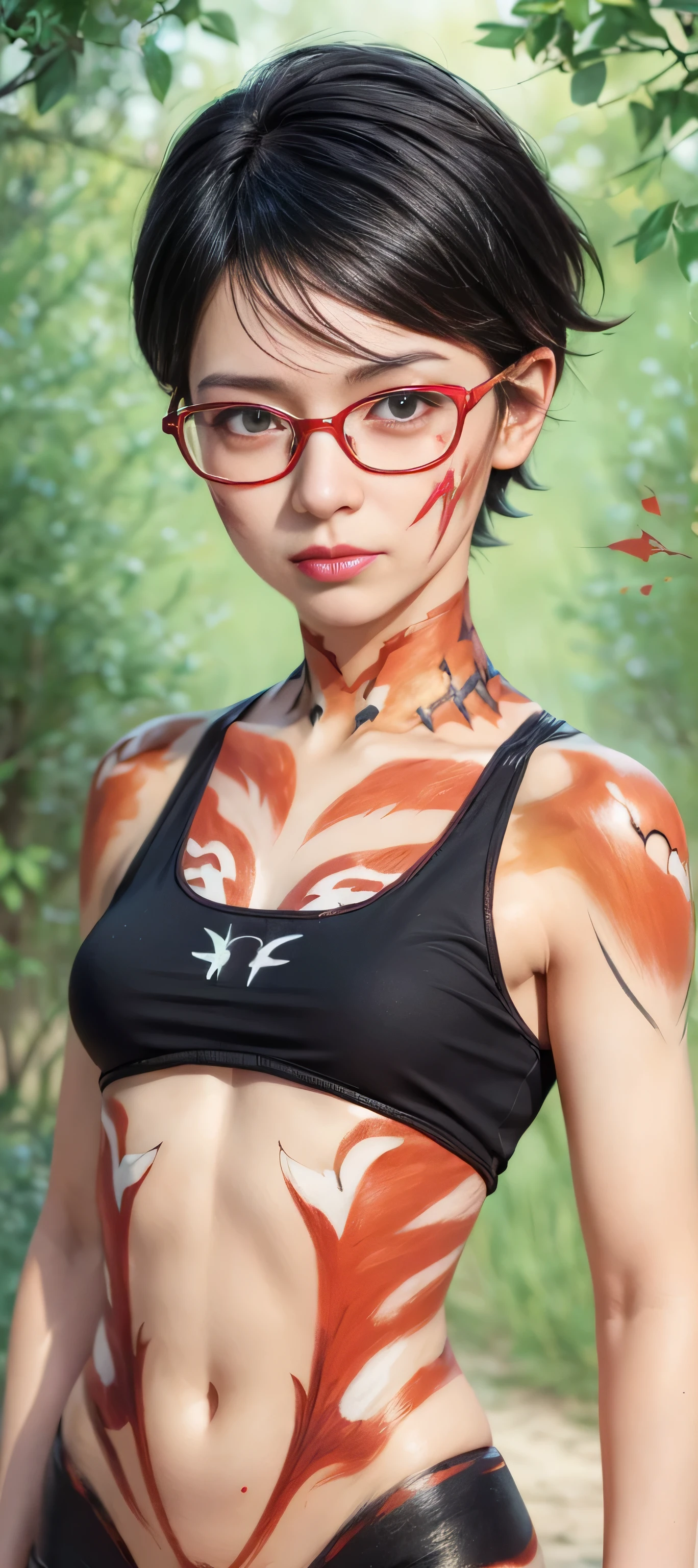 masterpiece, best quality, (realistic,photo-realistic:1.4), (RAW photo:1.2), extremely detailed CG unity 8k wallpaper, delicate and beautiful, amazing,finely detail, official art, absurdres, incredibly absurdres, huge filesize, ultra-detailed,extremely detailed eyes and face,light on face,(smirk),sarada,(black hair:1.4),(short hair:1.4),(fox body painting:1.5),(spring background:1.4),(honkai impact outfit:1.5),(red paint on face:1.5),(red framed glasses:1.4)
