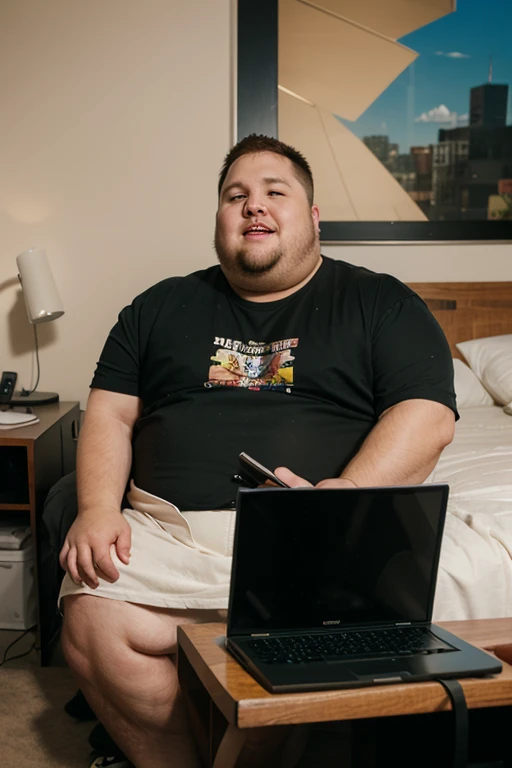 Fat black man inside using computer