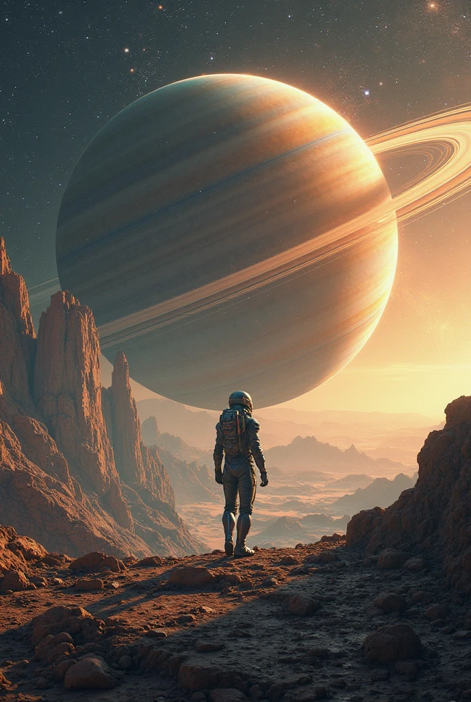 Astronauts on the surface of an asteroid near Saturn's rings observing the planet. A frightening and beautiful sight.