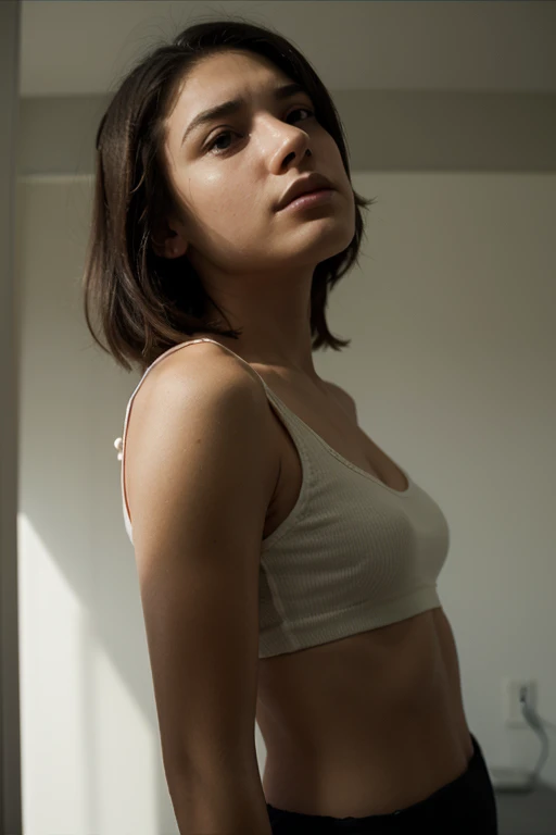 13 years old, girl, tween body, petite body, small breasts, messy hair, warm light, naked
