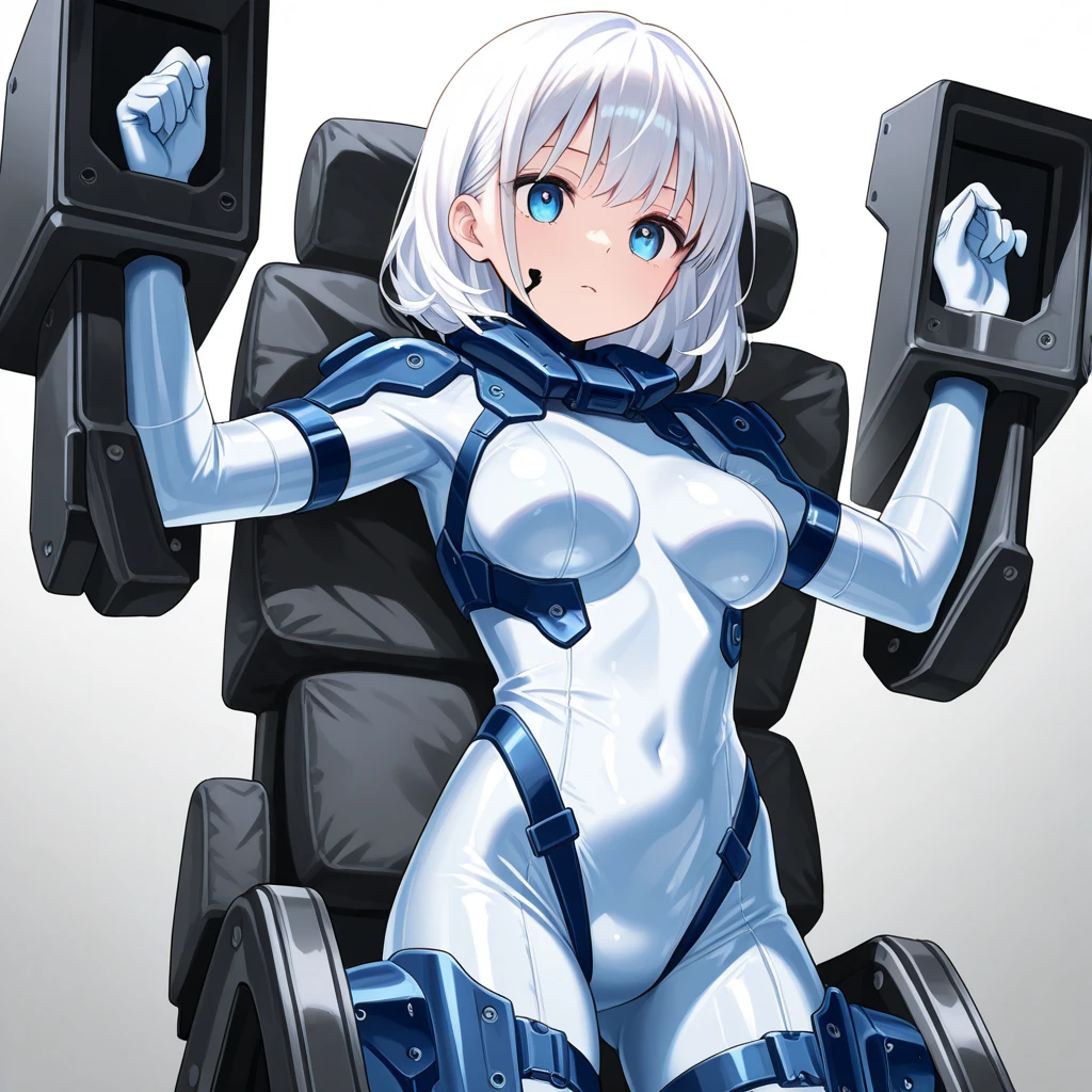 1 person,best quality work,blue eyes、1 personの女の子,, light on face,slender body,exoskeleton, Metal Gear,Cyber Gear, short white hair 、 Clear Rubber Suit、Additional blue armor on arms and legs、cowboy shot、 restrained by a chair、