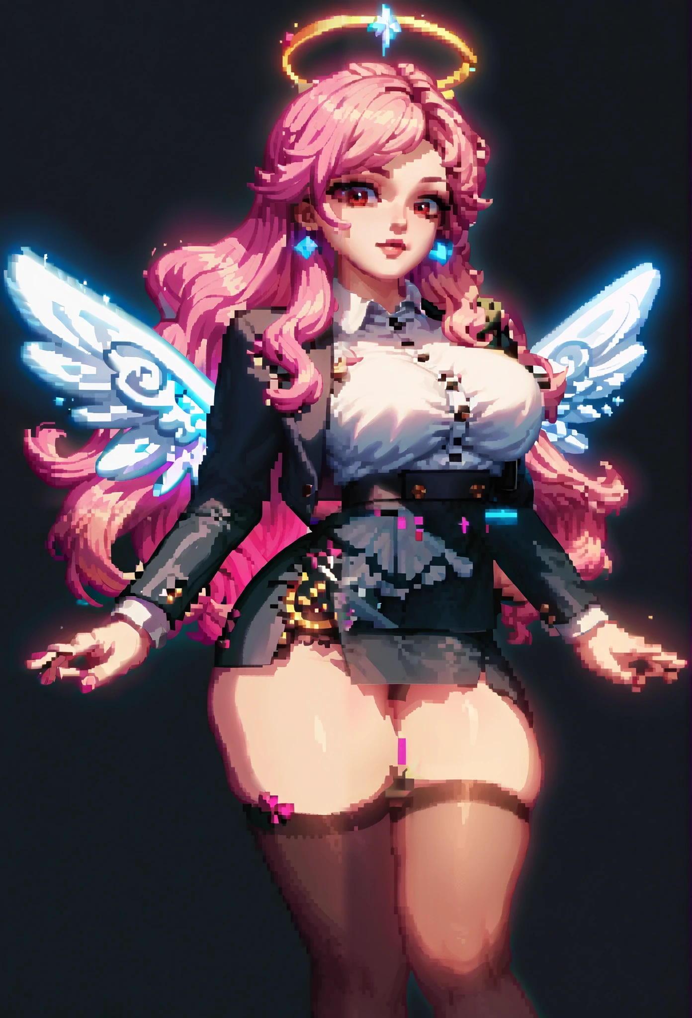 pixel art of a girl with a pretty face, large breasts, slim waist , wide hips, large butt, vibrant red eyes,rosy pink lips,(Long flowing vibrant pink hair),(black blazer-style jacket),(white collared shirt),(Golden halo over her head),(white celestial wings),(black skirt),(black thigh highs),(black high heels)  ,  sprite, 2 d sprite, sprite 2 d, #pixelart, # pixelart, Long flowing pink hair girl in a black blzer-style jacket, white collares shirt and black skirt, pixelart, high quality pixel art, pixel art animation.