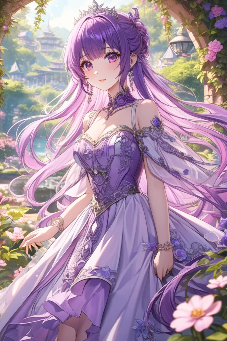 Character expressions: fresh and brilliant, with confidence and tenderness in their eyes.
Hairstyle and color: Long curly hair that changes from light purple to dark purple, as bright and beautiful as the starry sky.
Clothing style and color: wearing a long skirt with a lilac base and a star pattern on it, like stars in the night sky.
Accessories on the character: Wearing a star-sparkling necklace, earrings and bracelet, she looks even more star-studded.
Character pose: holding a purple flower in both hands, smiling in the garden, the whole face is full of confidence and beauty.
The setting: a garden with trees and flowers, full of tranquility and tranquility.
Atmosphere: peaceful and happy
Environmental features: The whole garden exudes the fresh fragrance of flowers, and the air is filled with an idyllic atmosphere
Ambient time: Evening