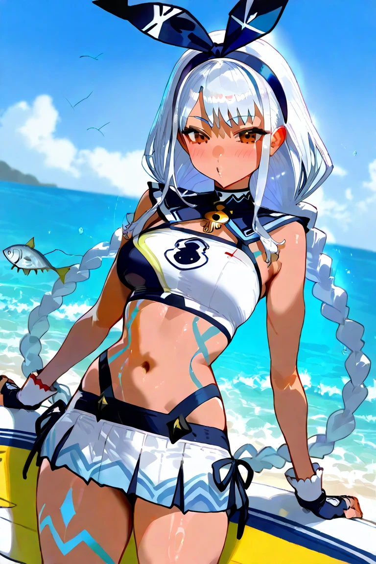 (Masterith), best qualtiy, ultra-detailliert, Vibrant colors, Girl straddling a big dolphin float floating on the glittering water surface,Twintail hair,Sheer eyes,I'm looking at you with a smile on my face.,Wearing a floral bikini swimsuit,Breast size:0.8 Facing the front,Camera angle is light bottom angle